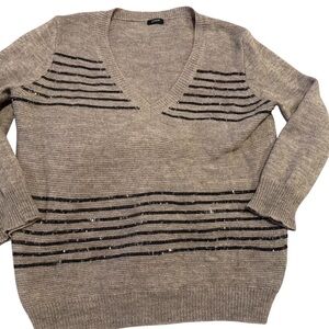 Striped V-Neck Sweater - Beige
